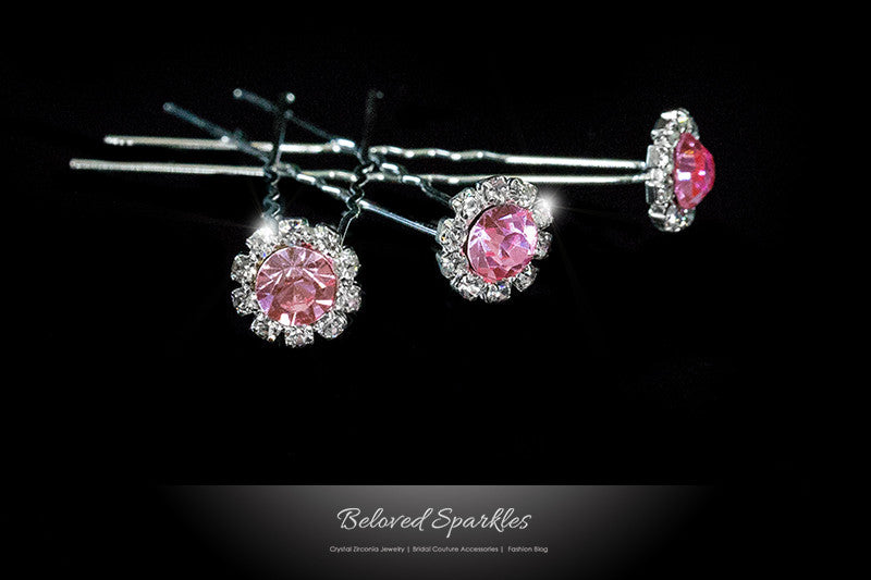 Lydia-1 Pink Rose Halo Hair Stick Pin | Rhinestone - Beloved Sparkles